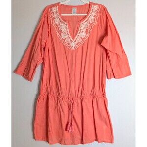 Lands End Swim Cover Up Tunic Coral 100% Cotton Embroidered Size XL  18